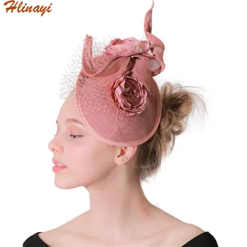 

Hlinayi 2019 Deep leather powder banquet gauze top hat cambric headdress bride wedding gauze feathers