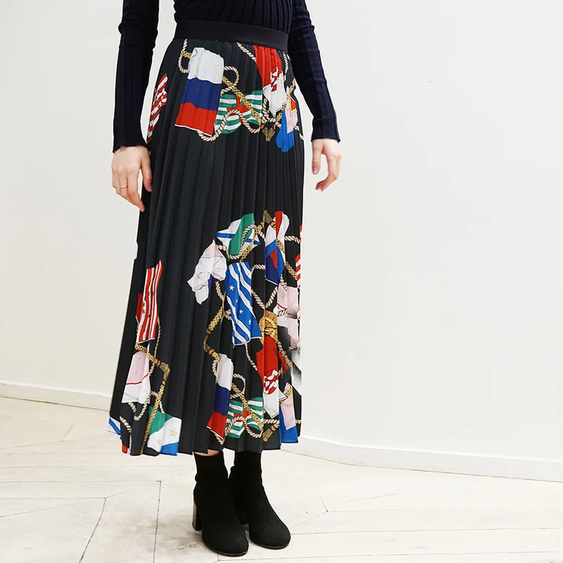 Новые 19 Весна и лето Модные Асимметричные с высокой талией с принтом плиссированные юбки