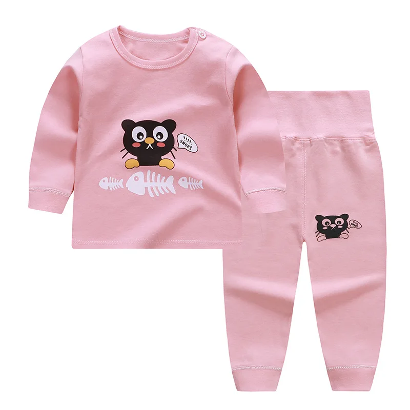 Пижамные комплекты для маленьких мальчиков и девочек с мультяшным принтом хлопковая детская одежда для сна осенне-весенние топы с длинными рукавами и высокой талией+ штаны От 0 до 2 лет