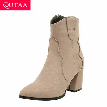 

QUTAA 2020 Fashion Thick High Heel Flock Ankle Boots Zipper Sexy Pointed Toe All Match Winter Warm Fur Women Shoes Size 34-43