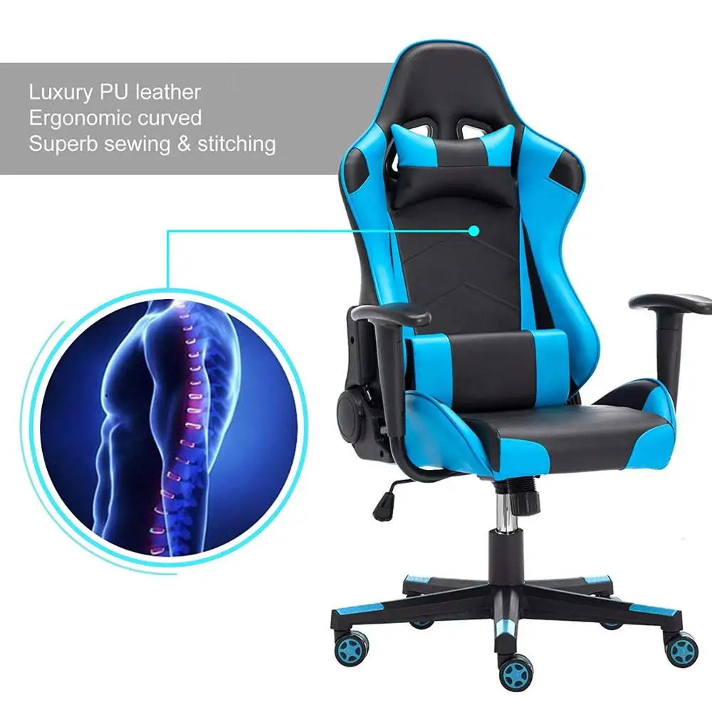 Racing Chair Computer Executive Chair PU Gaming Chair with Headrest&Lumbar Cushion 135 Degree Reclining Angle