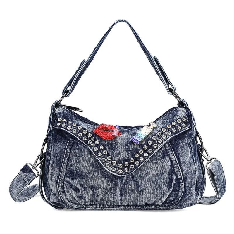 Casual Fashion Zipper Design Denim Diamonds Vintage Women Tote Bags Lady Handbags Jeans Denim