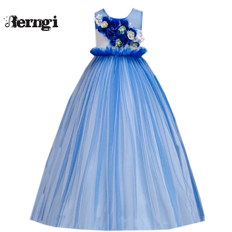 Цена Berngi 4 14 лет Детское платье для девочек свадебное Тюль Длинные для девочек платье с цветочным принтом элегантное платье принцессы празднично...
