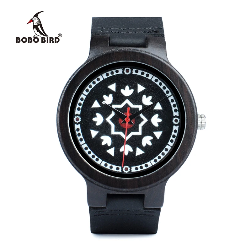 BOBO BIRD Ebony Wooden Timepieces Watch Men UV Priting Dial Face Soft Leather Band Quartz Mens Watches Top Luxury OEM W-J14
