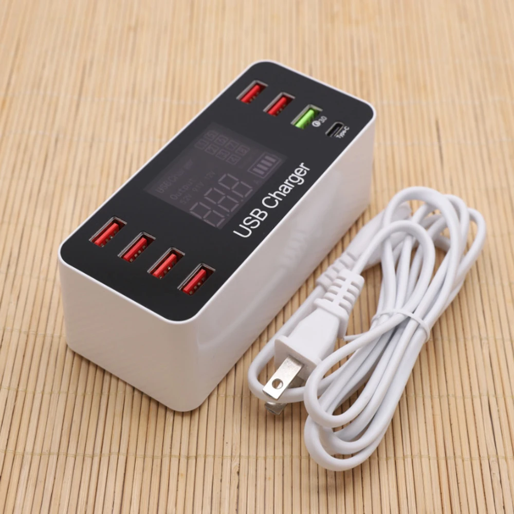 LCD digital display 8-port USB mobile phone tablet smart charger Qualcomm QC3.0 type-c fast charge head 40W