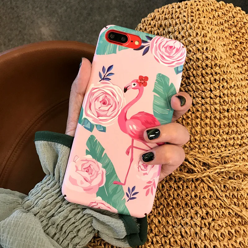 

Cute Cartoon Pink Flamingos Flowers Leaves Phone Case For iPhone 6 6s 7 8 Plus Fashion Tropical Leaf bird Hard PC Slim Case Capa