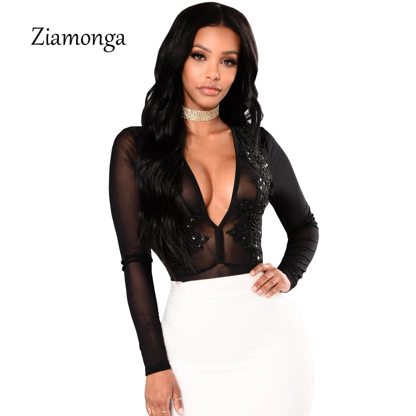 

Ziamonga Sheer Mesh Applique Lace Sexy Bodysuit Women V-Neck Sequin Floral Elegant Jumpsuit Romper 2018 Autumn Women Skinny Top