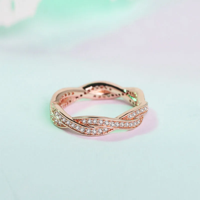 Модное плетеное микро покрытое 18 К кольцо из розового золота с прозрачным фианитом, аутентичное скрученное кольцо, ювелирное изделие - Цвет основного камня: Rose Gold
