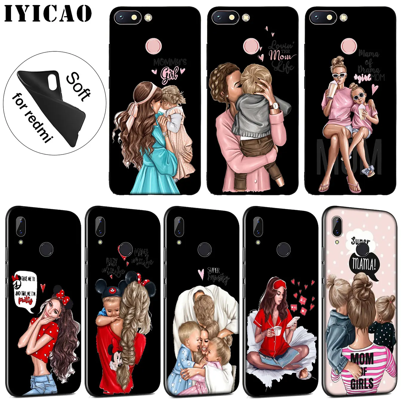 

IYICAO Black Brown Hair Baby Mom Girl Queen Soft Silicone Case for Xiaomi Redmi K20 7A 6A 5A S2 4X 4A GO Note 8 7 5 Plus 6 Pro