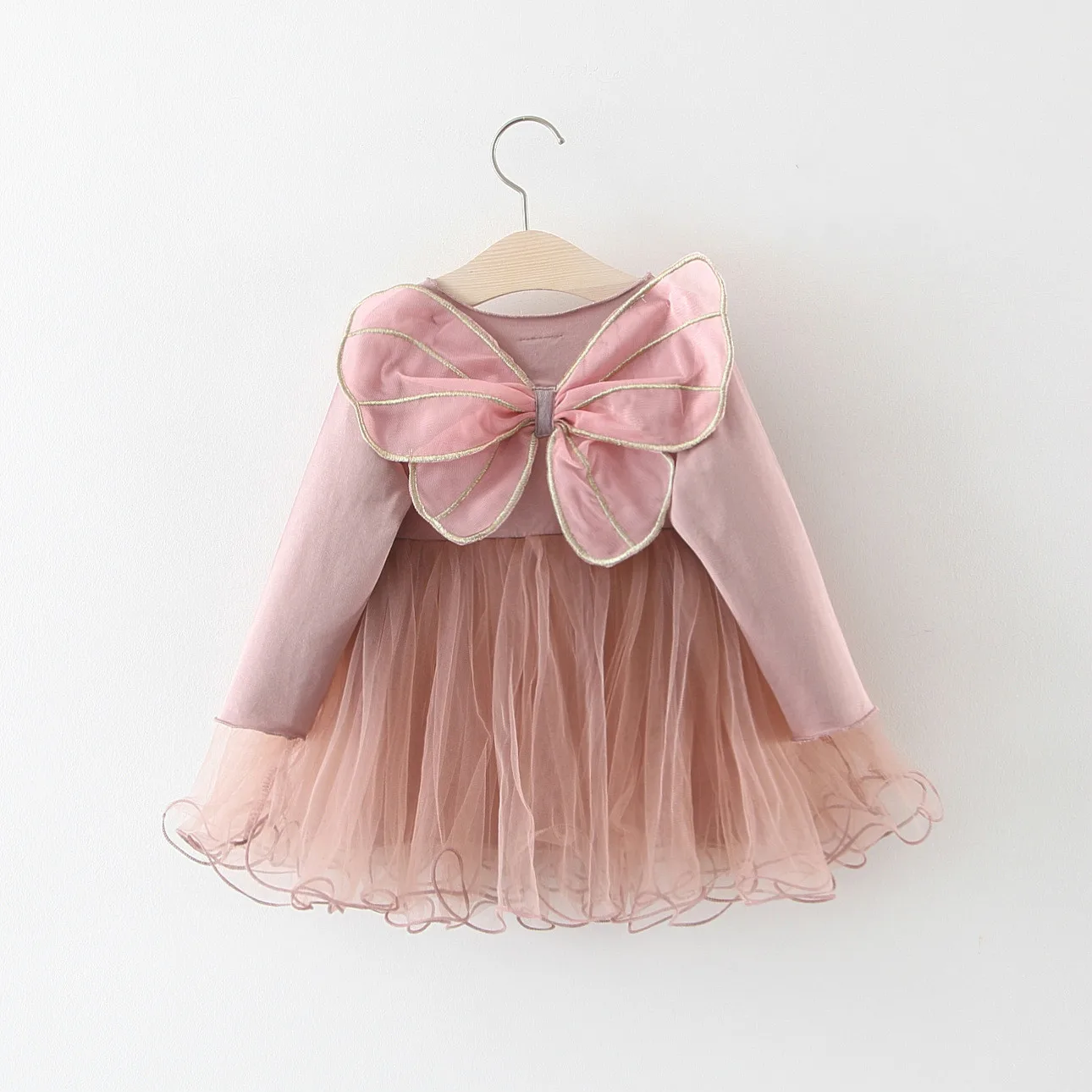 

Big Bow Wings Children's Elegant Dresses Baby Girl Summer Dress Long Sleeves Pink 1 Year Anniversary Ruffle Dress For Girls