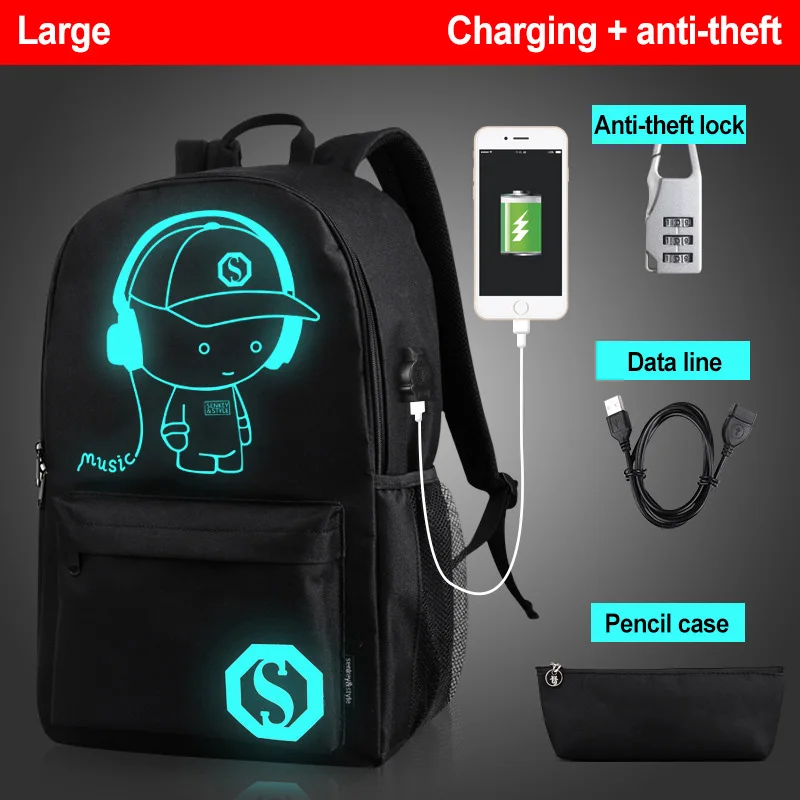 4pcs Backpack Child School Bags For Teenage Girl Boys Anti-theft School Backpack Anime Luminous Schoolbag With USB Charging Port - Цвет: 4PCSUSBMusic boy-L