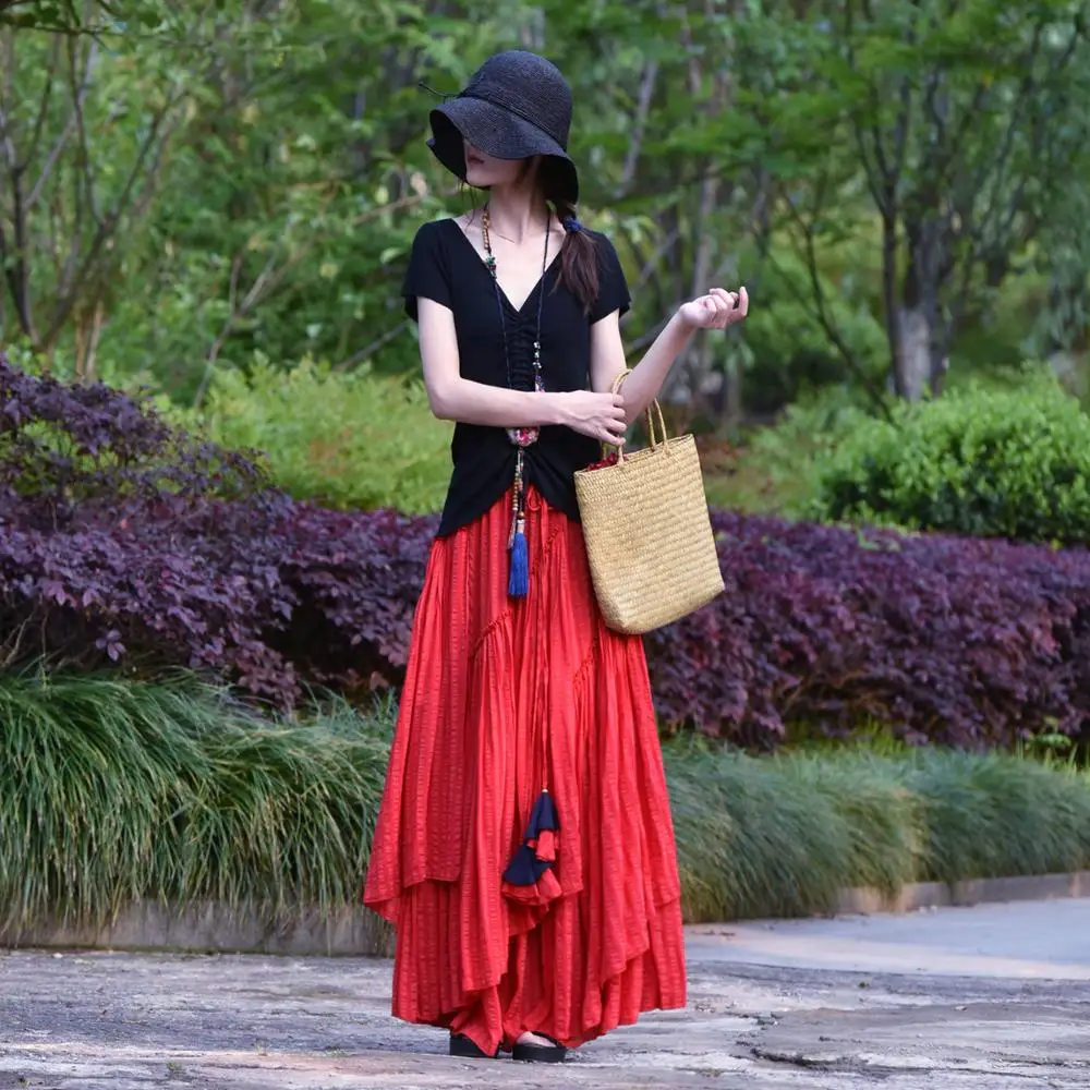 

Free Shipping 2019 Fashion Long Maxi A-line Elastic Waist Women Summer Spring Cotton Linen Plus Size S-2XL High Quality Skirts