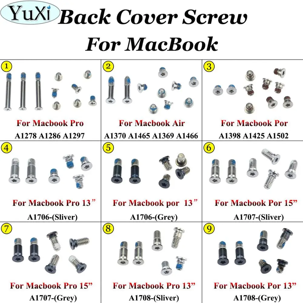 

YuXi For Apple for MacBook Por A1278 A1286 A1398 A1425 A1502 A1706 A1707 A1708 13" 15" Back Cover Screw for MacBook Air A1370
