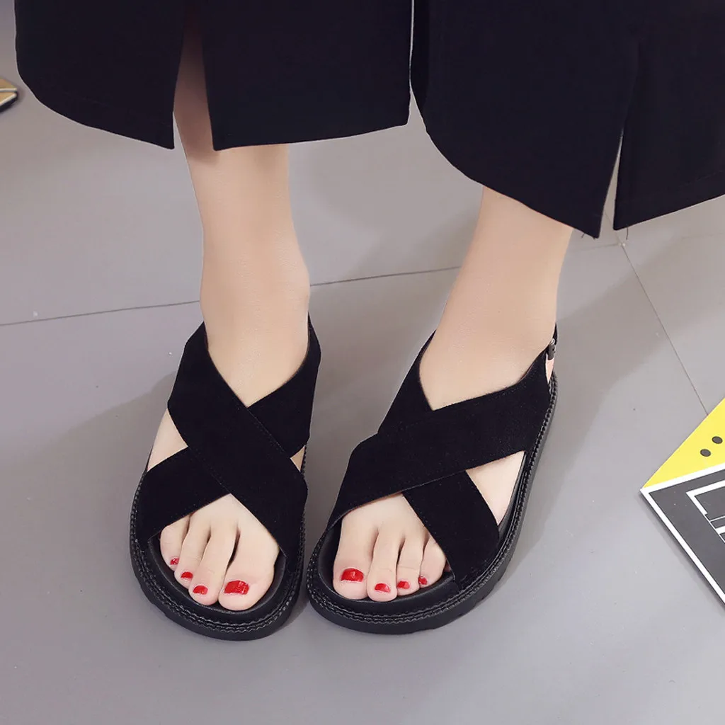 Модная женская обувь для отдыха на плоской подошве с круглым носком Нескользящие сандалии на платформе - Цвет: Черный