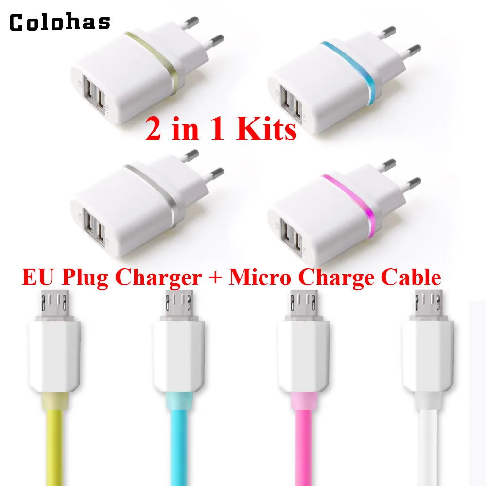 

Colohas 2in 1 Kits EU Plug Travel Wall Charger+ Jelly Micro USB Data Charge Cable for Huawei P8 Honor 7 8 G7 Lenovo Vibe Shot P1