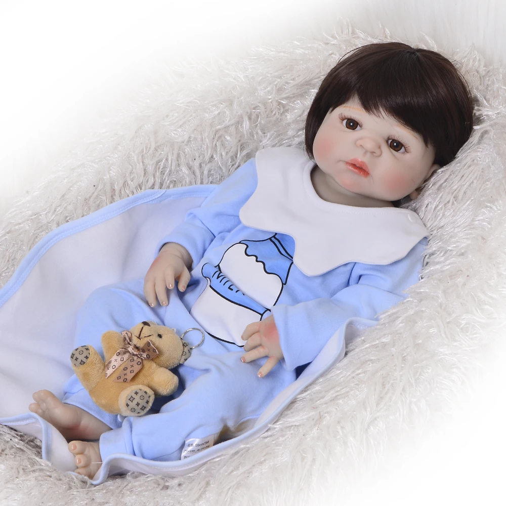 

Handmade 23'" Baby Reborn Doll Full Silicone Body Brown Hair Reborn Dolls Lifelike Kids Playmates Baby Toys Boy Christmas Gifts