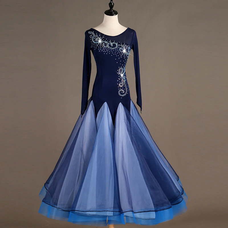 

Women New Navy Blue Shiny Rhinestone Sexy Dress Latin Dance Embroidered Roses Adult Modern Dance Tango Waltz Dinner Long Dress