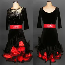 Латинской Танцевальный костюм платье для выпускного розовая махровая элегантное, с рукавом до локтя Платье для латино-американских танцев со стразами платье