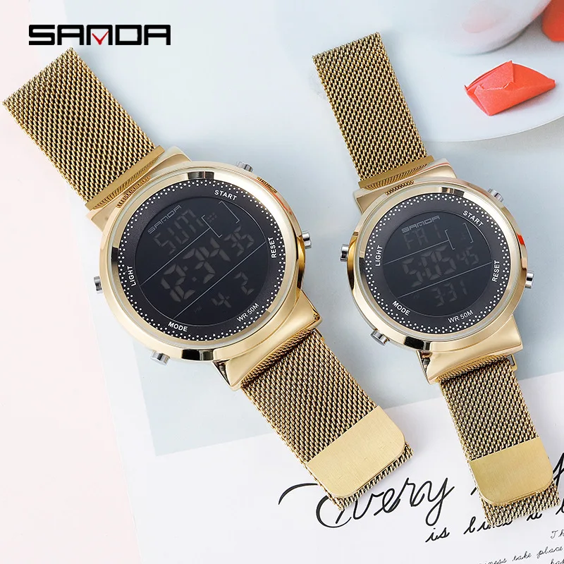 

Sanda Men Digital Watches Multi-Function Waterproof Milanese Mesh Band Magnet Women Electronic Watch Clock reloj mujer 2019