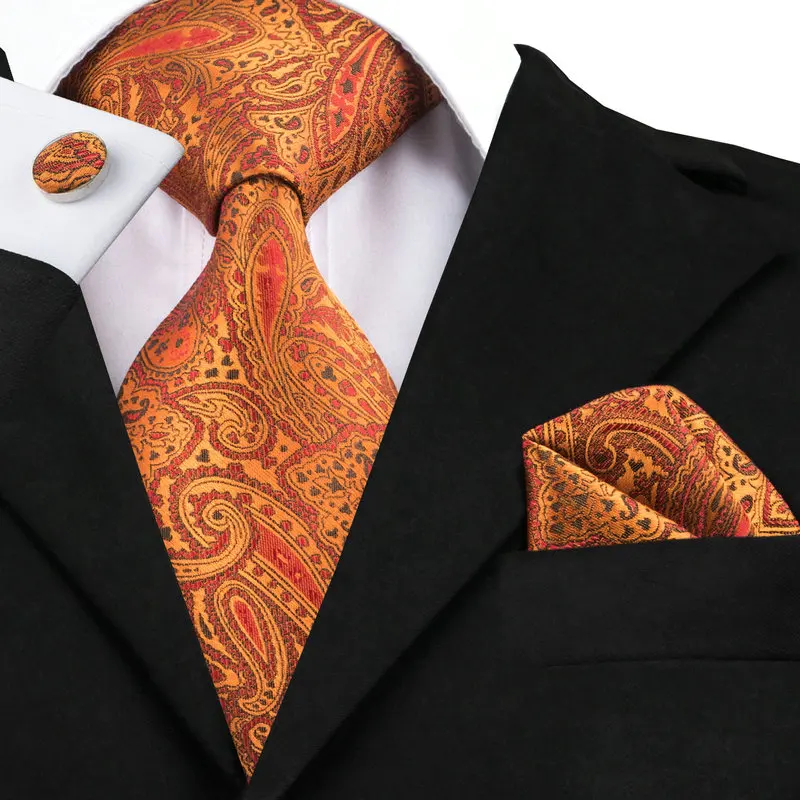 SN 976 Orange Black Red Floral Tie Hanky Cufflinks Sets Men's 100 Silk