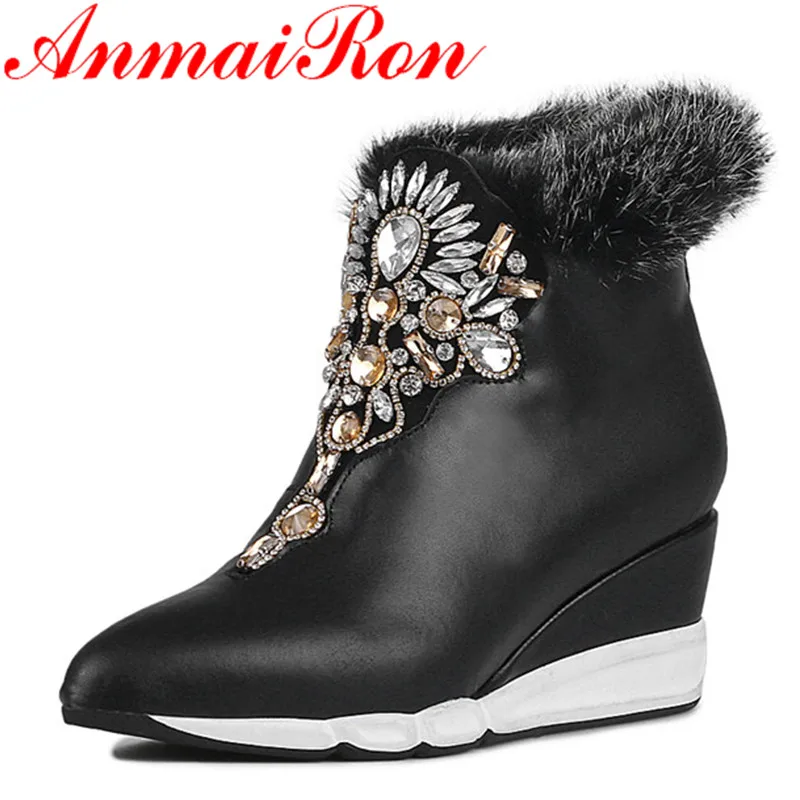

ANMAIRON Pointed Toe Ankle Boots for Women High Heels Wedges Shoes Woman Large Size 34-41 Classic Black Platform Shoes Zipeprs