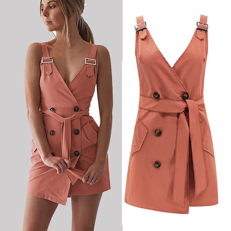 

Sexy Button Strap Mini Dress Women Wrap Deep V Neck Irregular Backless Club Streetwear Slim Summer Shirt Dress Party Robe Femme