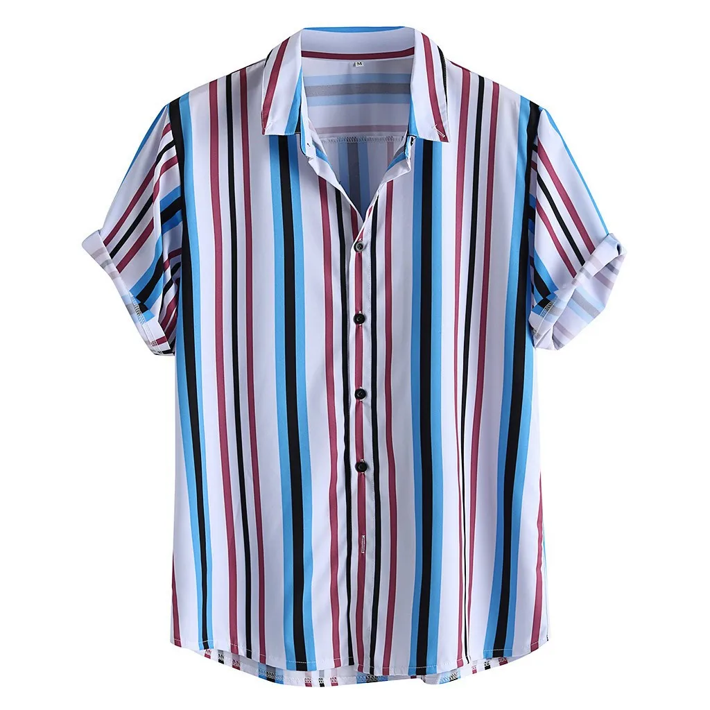 Womail Популярные летние модные рубашки мужские дышащие рубашки в полоску с отложным воротником и коротким рукавом Свободные повседневные рубашки новое поступление