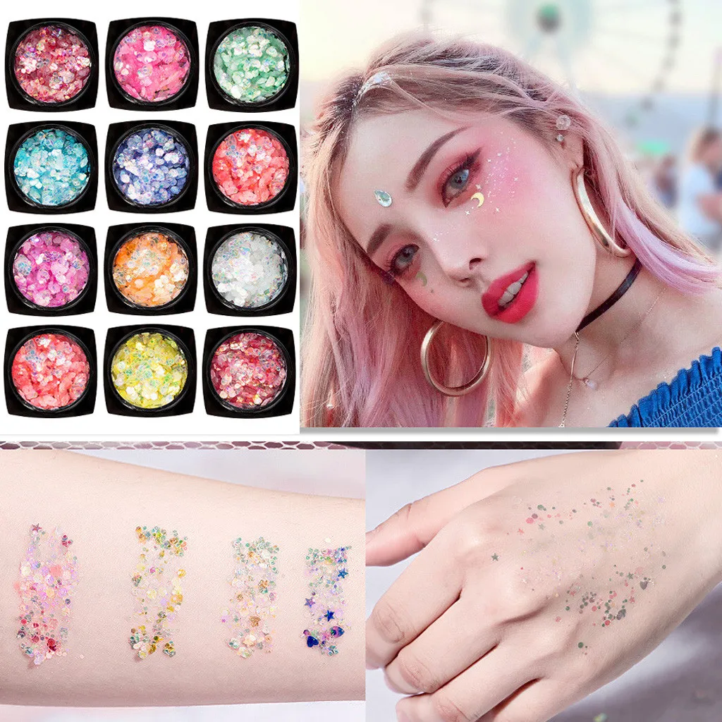 

12pcs Holographic Sequin Powder Diamond Colorful Glitter Gel Shiny Body Eye Face Festival Pigment Makeup Cosmetics
