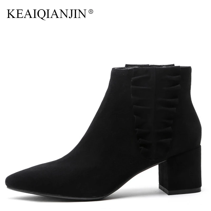 

KEAIQIANJIN Winter Fashion Zipper Martin Boots Plus Size 33 40 Genuine Leather Chelsea Boots Black Woman High Heeled Ankle Boots