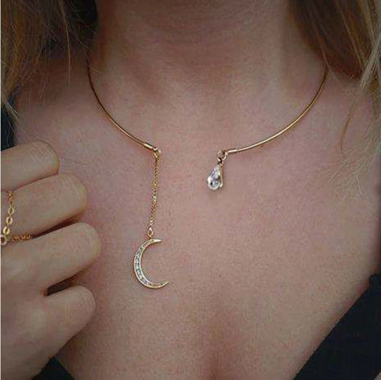

Bohemia Rhinestone Full Zircon Moon Pendants Collar Necklaces for Women Elegant Gold Silver Color Crystal Circle Choker Necklace