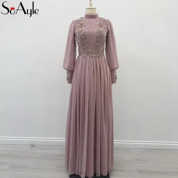 

SoAyle Vestido de Madrin 2018 Mother of Bride Dresses Plus Size Long Sleeves Muslim Dubai Chiffon Beaded Wedding Guest Dresses