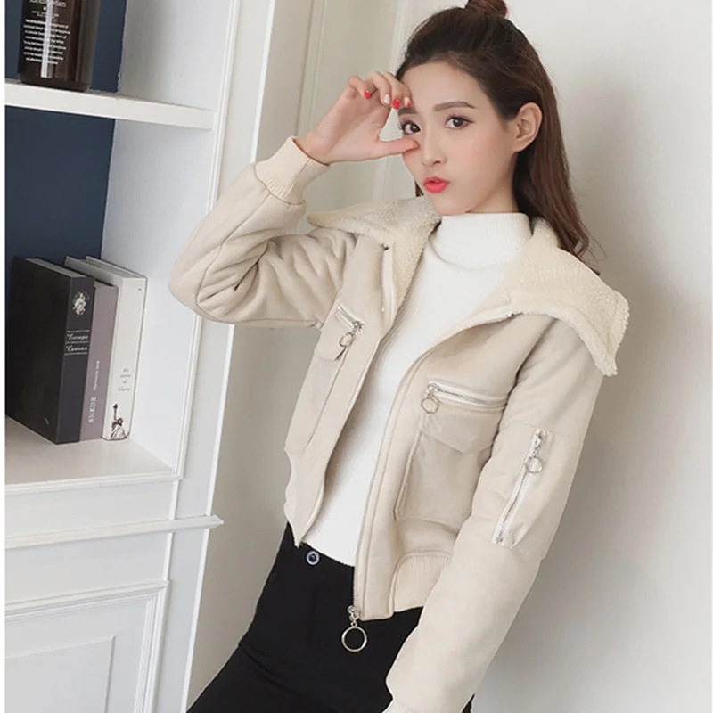 Xinantime Womens Coat Lapel Suede Leather Buckle Cool Pilot Jacket Faux Lamb Wool Motorcycle Jackets