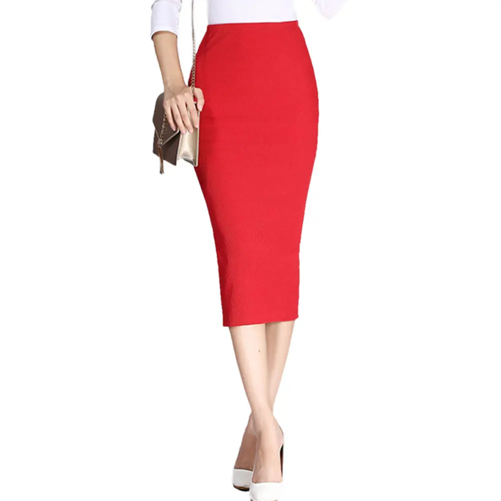 Autumn Winter Women Pencil Skirt High Waist Cotton Solid Color Stretch Elastic Slim Business OL Split Bodycon Skirts NGD88 - Цвет: Красный