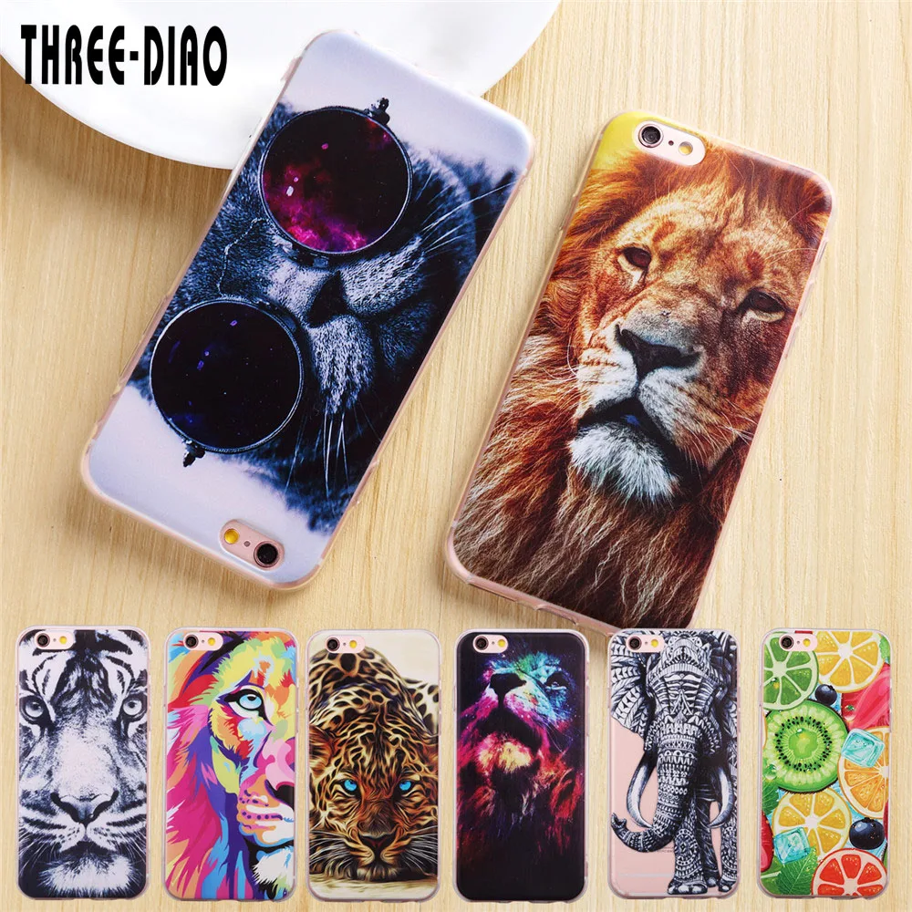 Kopen THREE DIAO TPU Telefoon Gevallen voor iphone 5 5 s SE 6 6 s 6 7 plus giant panda tiger Cat leeuw Wolf Siliconen Case Voor iphone 7