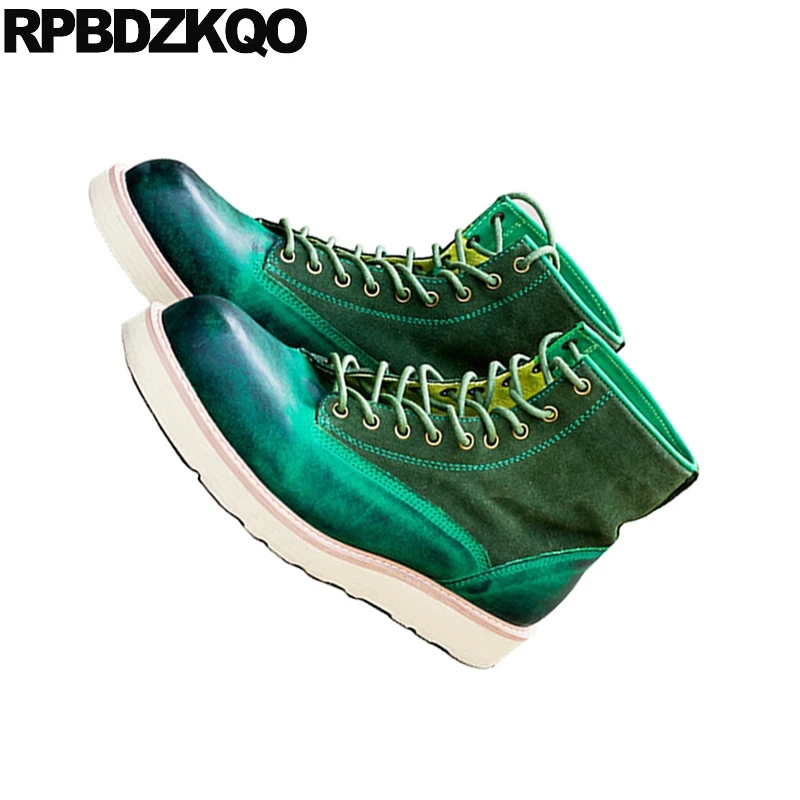 Зеленая Дизайнерская обувь для мужчин; высокое качество; коллекция года; короткие ботинки из натуральной кожи с натуральным лицевым покрытием на шнуровке в стиле Харадзюку; замшевые ботинки; ботильоны