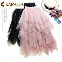 Новое поступление, расшитая блестками юбка со звездами, асимметричная сетчатая юбка с оборками, модная женская юбка с высокой талией, C873