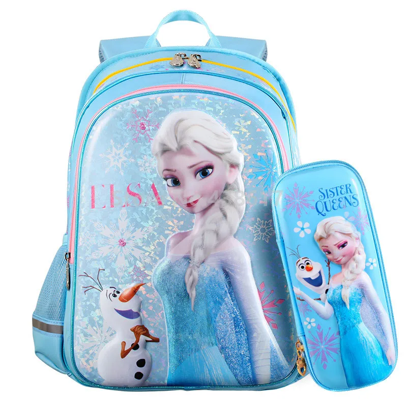 

New 3D Pink Blue Elsa Princess Girls School Bags With Pencil Case Set For Kids Children Elementary Primary School Backpack Bag