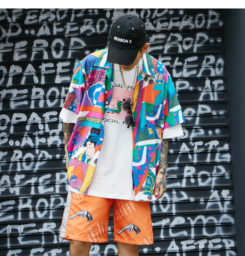 Мужская рубашка с коротким рукавом в стиле хип-хоп, Японская уличная одежда, шелковая Повседневная рубашка Ukiyoe, мужские летние модные Гавайские рубашки, рубашки с цветочным рисунком