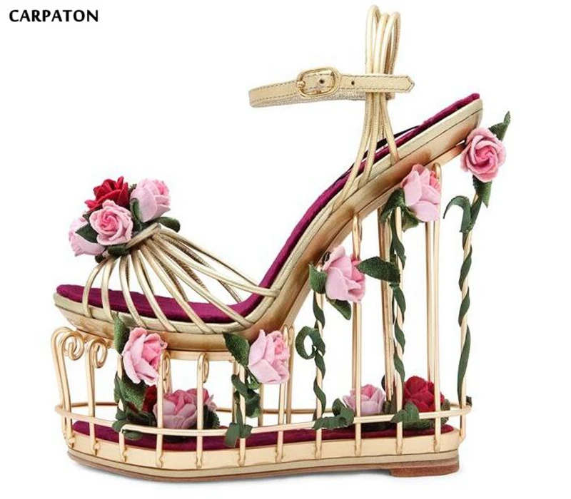 

Carpaton 2018 High Platform Wedge Sandals Caged Style Cutouts Ankle Strap Summer Shoes Rose Flower Decorations Gladiator Sandal