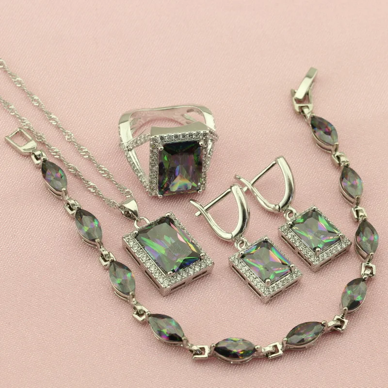 

Womens' Jewelry Silver Color Sets Rainbow Green Red Pink Yellow Square Stone Drop Earrings Pendant Ring Bracelet Free Gift Box