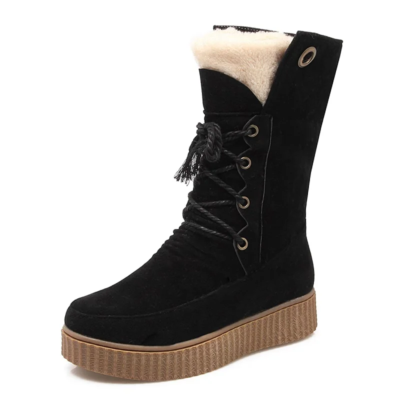 ZALAVOR/размеры 34-43, женские короткие толстые нижние ботинки, теплая обувь на меху с перекрестными ремешками, зимние женские ботинки - Цвет: Черный