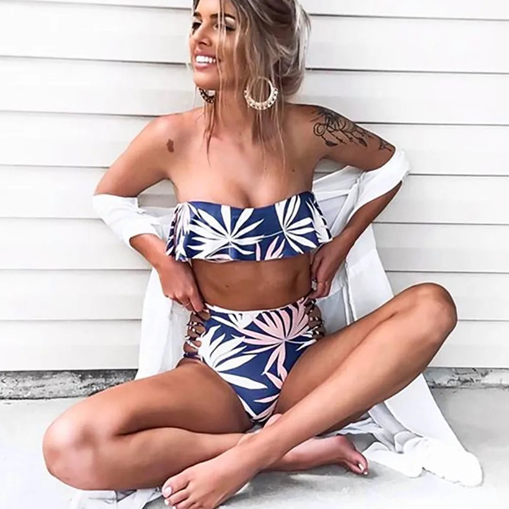 

swimming suit Women off shoulder Bikini Set Swimwear Push-Up Padded Leaf Print Bra Swimsuit Beachwear maillot de bain