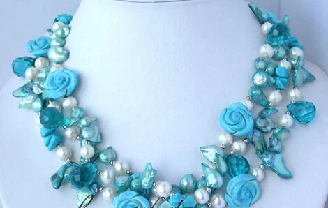 

huij 004543 beautiful 3row white blue pearl turquoise flower crystal necklace