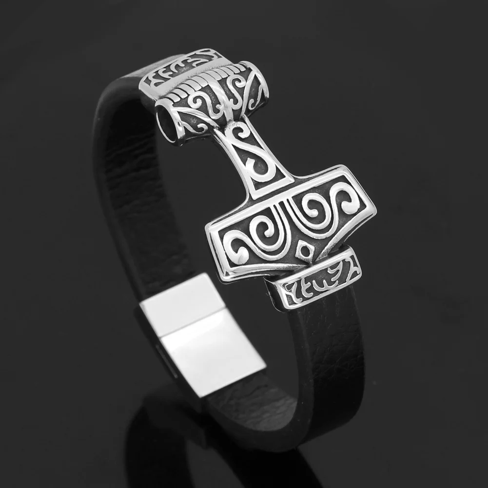 Мужской скандинавский Викинг thor hammer MJOLNIR браслет из натуральной кожи нержавеющей