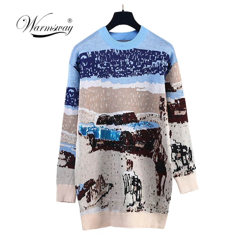 

Luxury designer 2019 New Winter Women Car Beach Pattern Sequins Sweaters Ladies Pullovers Female Warm jumper Shining C-313
