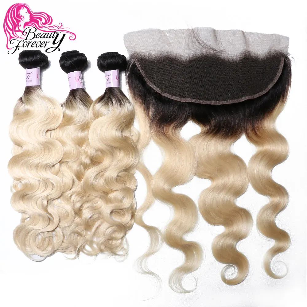 

Beauty Forever T1B/613 Ombre Body Wave 13*4 Lace Frontal Brazilian Hair Weaves Bundles With Closure Free Part Remy Human Hair