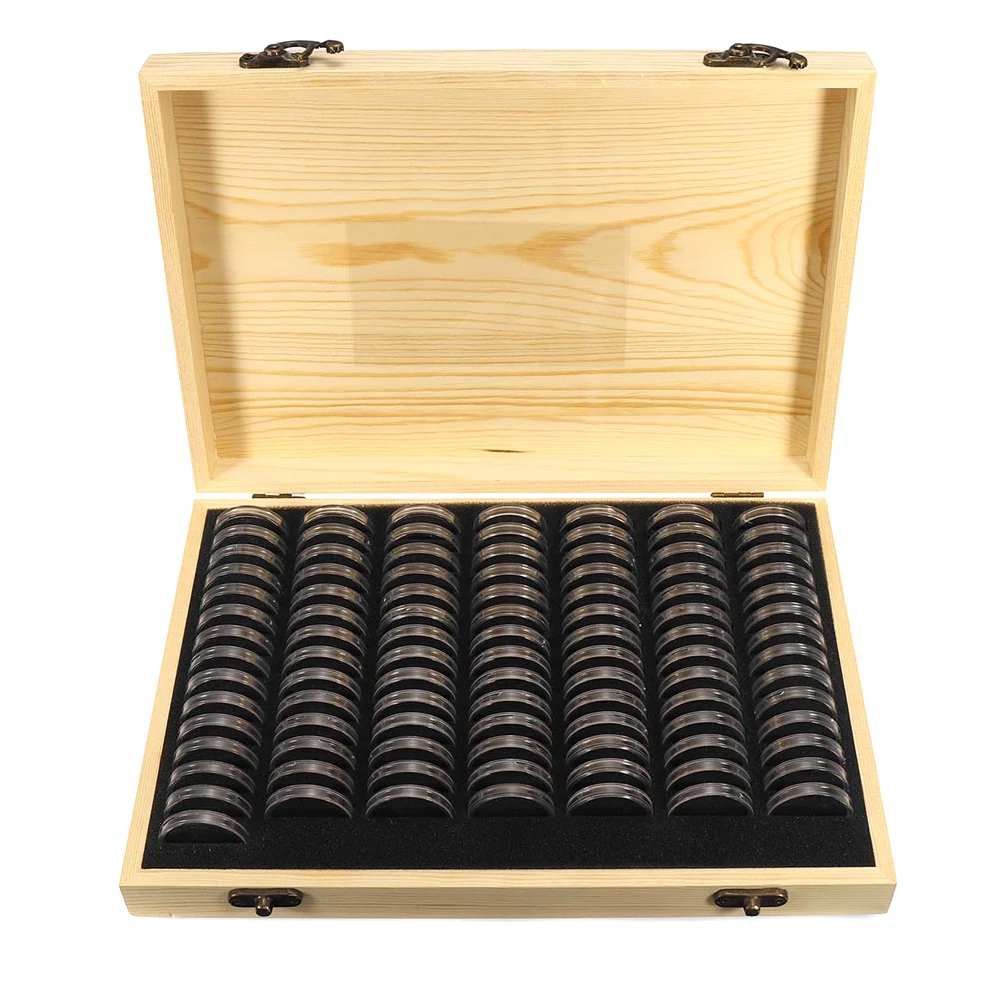 

High Wooden Container Storage Box Display Case 100 Pcs Coin Capsule Holder 25/27/30MM UEJ