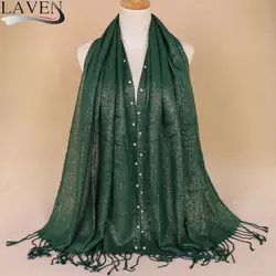 Для женщин блеск люрексом хлопок шарф с кистями бусинами мусульманский хиджаб Shimmer Wrap Pearl плотная глушитель шарфы/шарф 180*75 см 10 шт./лот