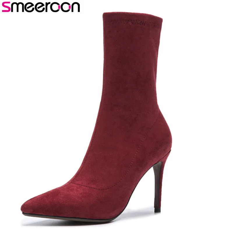 

Smeeroon 2018 fashion style spring autumn boots women pointed teo super high heels ankle boots flock leather high quality boots