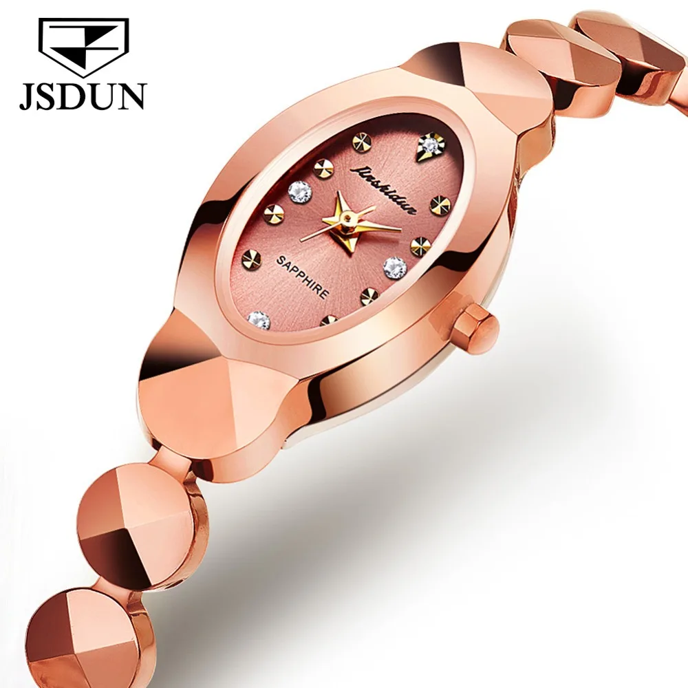 

JINSHIDUN Female Elegant Rose Golden Quartz Watch Tungsten Steel Watchbands Inlay CZ Waterproof Watches Charm Montre Femme 6532